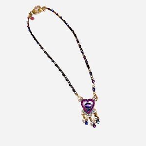 Vintage Mary Demarco handmade brass necklace with purple and pink stones